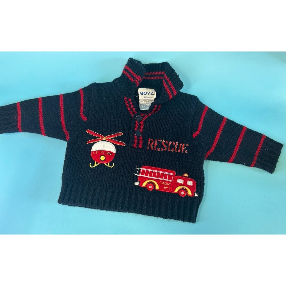 Boyz wear  embroidered rescuers blue button down knit sweater 6-9 mos
